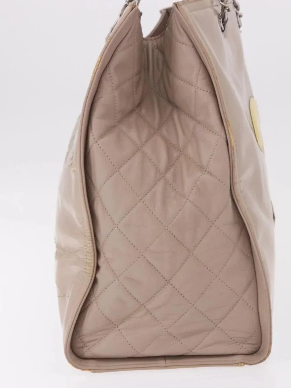 CHANEL Chain Tote Bag Patent leather Beige CC Auth EC956